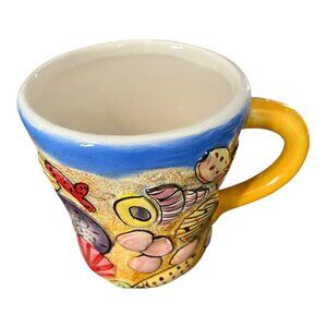 3D Relief Beach Scene Mug Raised Coastal Design Pastel Ocean Coffee Cup 4x4" 199
